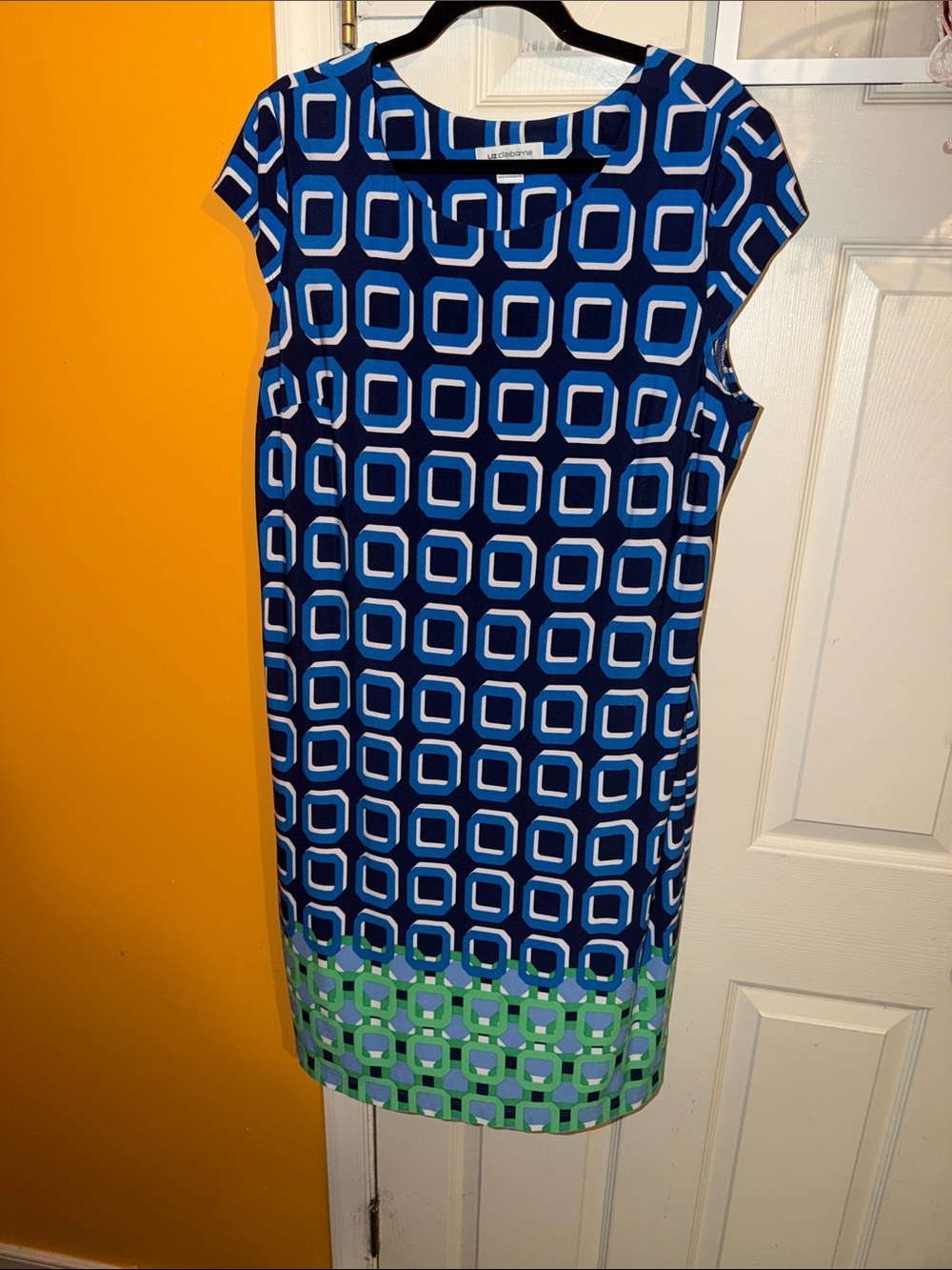 Liz Claiborne Blue and Green Geometric Cap-Sleeve Midi Dress